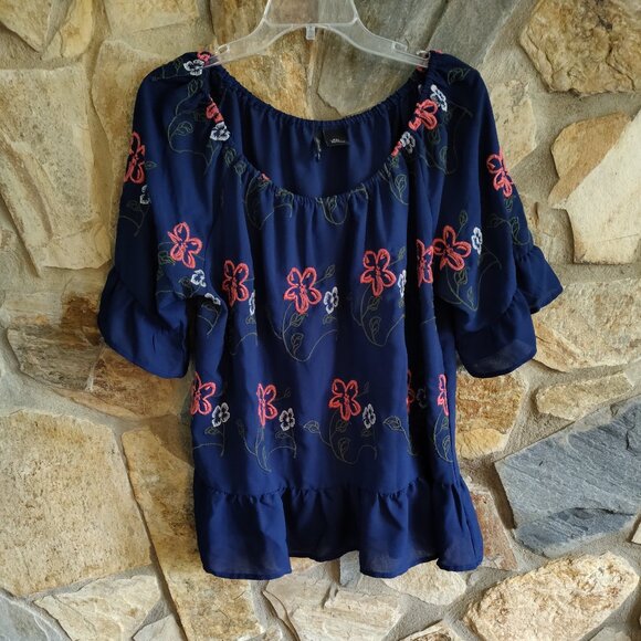 new directions Tops - New Directions Navy Blue Floral Ruffle Chiffon Shirt Top Size XL Petite
